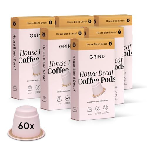 Grind Decaf House Coffee Pods – Pack of 60 Bioedegradable Capsules – Naturally Decaffeinated – Nespresso® Original Compatible – Home Compostable – Barista Quality and Specialty Grade – Medium Roast | Amazon (UK)