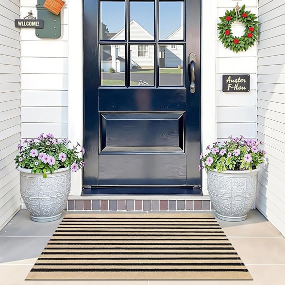 OLANLY Brown and Black Striped Rug 2' x 3' (24" x 36") – Washable Cotton Doormat for Indoor Out... | Amazon (US)