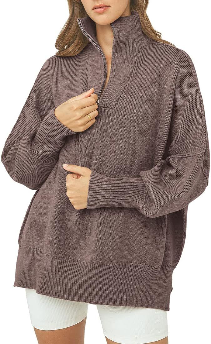 LILLUSORY Women's Long Sleeve 1/4 Zipper Collar Drop Shoulder Oversized Split Hem Slouchy Sweatshirt | Amazon (US)