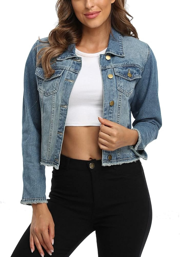 Anienaya Jean Jacket Women’s Frayed Washed Button Up Cropped Denim Jacket w 2 Side Pockets | Amazon (US)