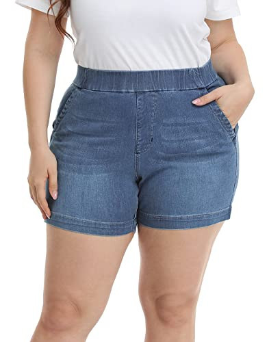 HDE Women's Plus Size Jean Shorts High Waisted Stretch Denim Pull On Shorts Blue - 20 | Amazon (US)