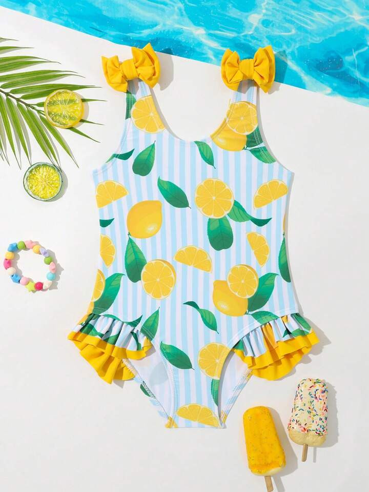 SHEIN Young Girls' Lemon Pattern One-Piece Swimsuit With Ruffle Trim And No Bound Edges | SHEIN