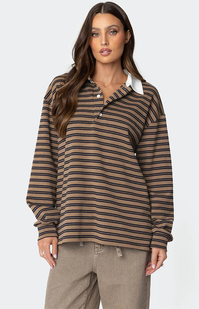 Edikted Women's Stripey Oversized Collared Shirt in Brown - Size Small | PacSun