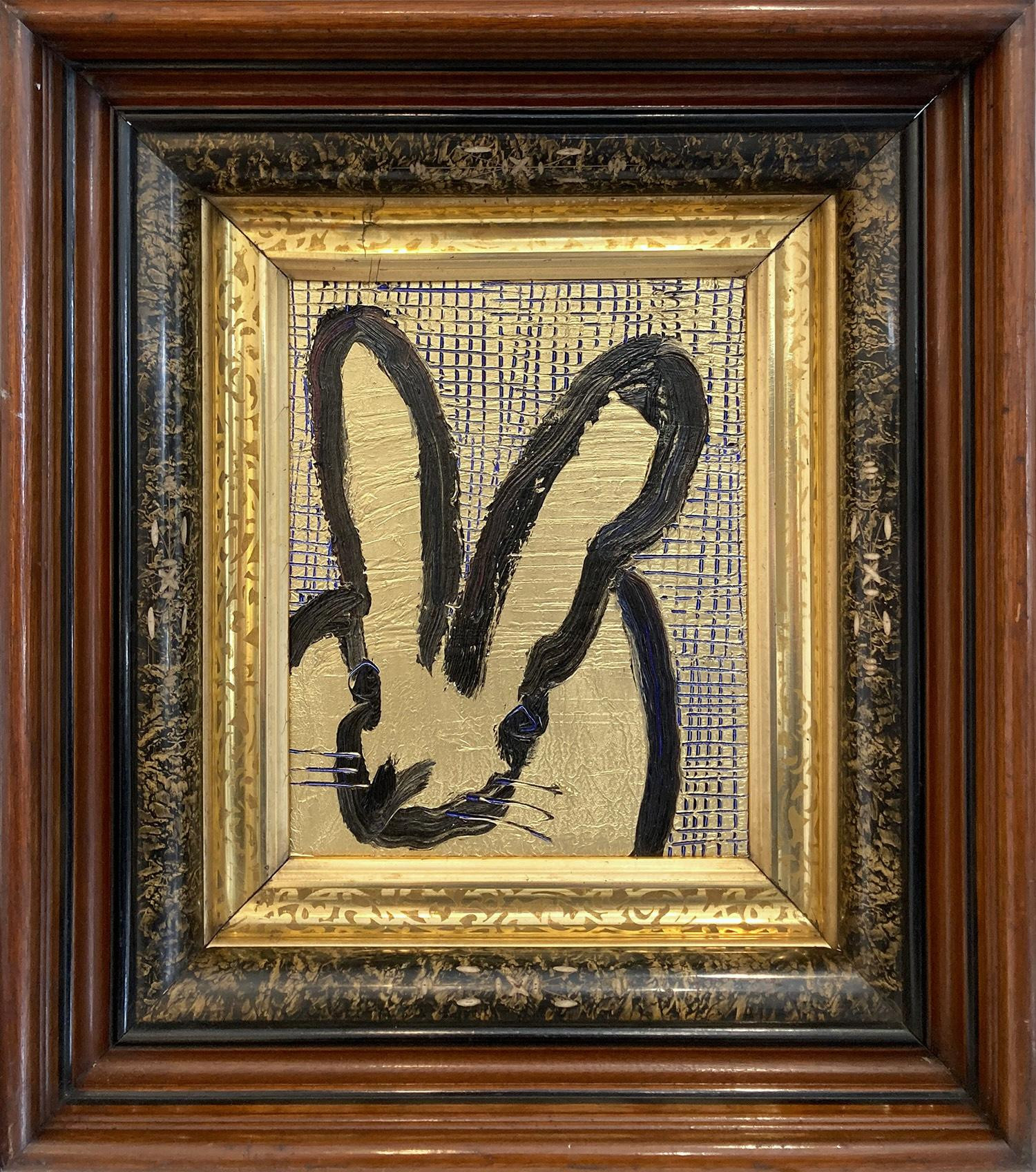 "Score" Black Outline Bunny on Gold Background Oil Painting Wood Panel Framed2024 | 1stDibs