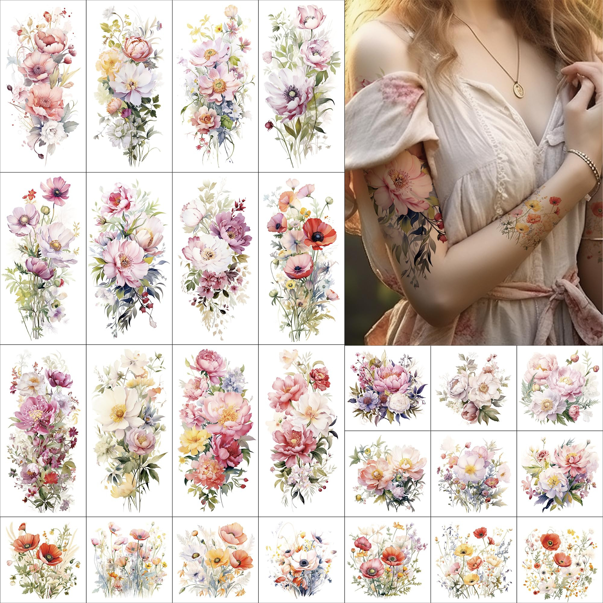 Everjoy Flower Temporary Tattoo Sleeve Sheets Kit, 12 Large Watercolor Floral Tattoo Stickers, 13... | Amazon (US)