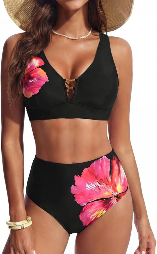 Hanna Nikole Womens High Waisted Bikini Sets Floral Print, 2 Piece Swimsuits Cutout, V Neck Bathi... | Amazon (US)