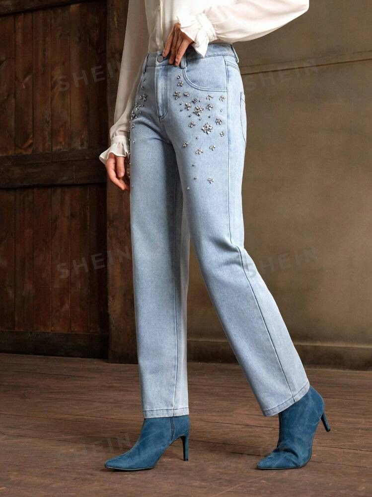 Anewsta Pantalones vaqueros rectos elegantes con bolsillos de strass para mujer, ideales para el ... | SHEIN