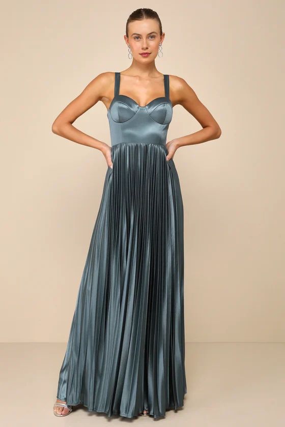 Luxurious Flair Blue Grey Satin Pleated Bustier Maxi Dress | Lulus