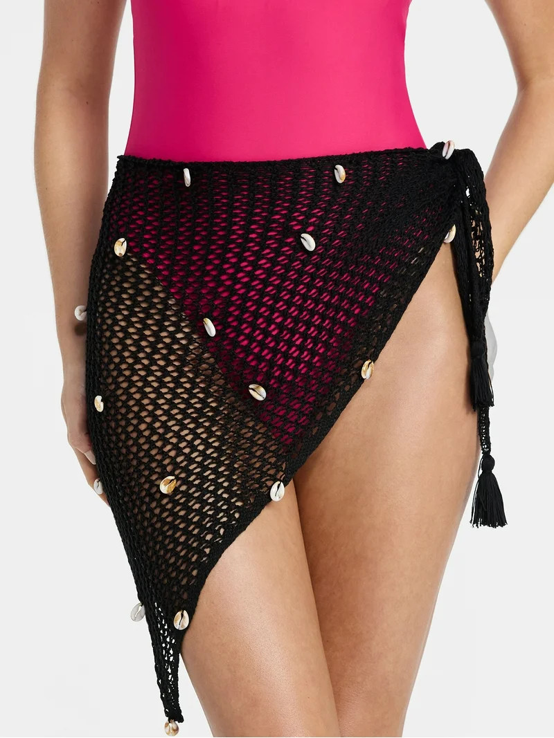 No Boundaries Fishnet Pareo with Faux Shells, One Size, Black Soot, Women's | Walmart (US)