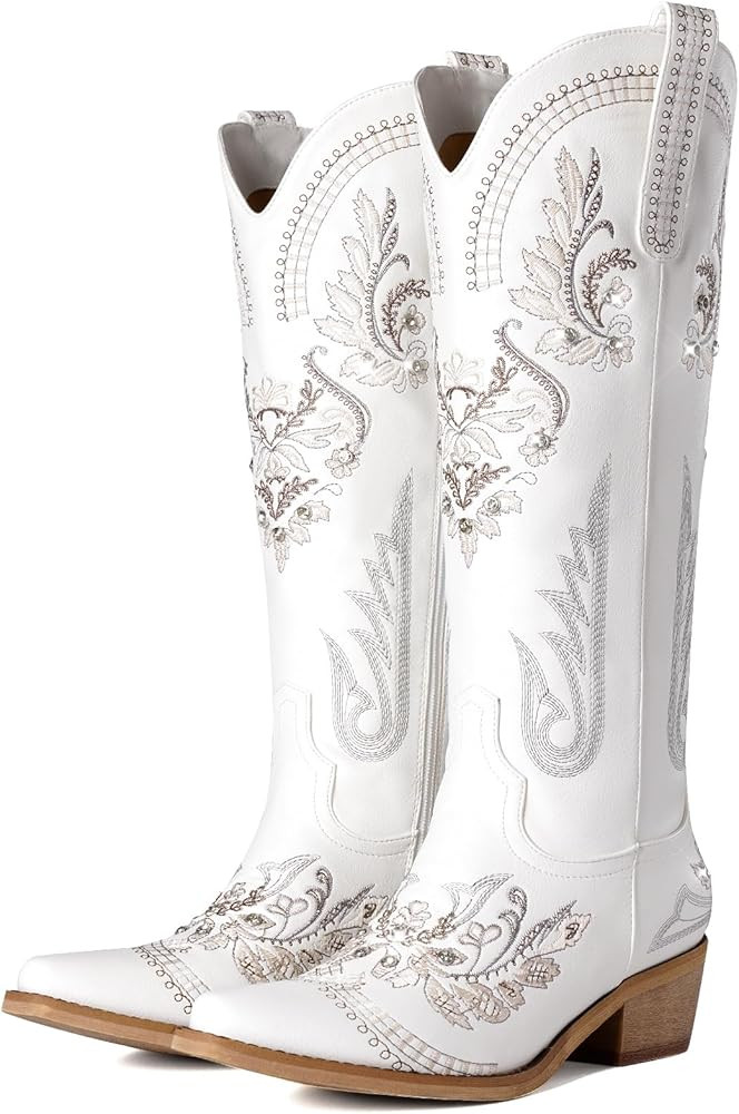 Lumeheel White Cowboy Boots Wide Calf - Embroidered Cowgirl Boots Rhinestone Western Boots Retro ... | Amazon (US)