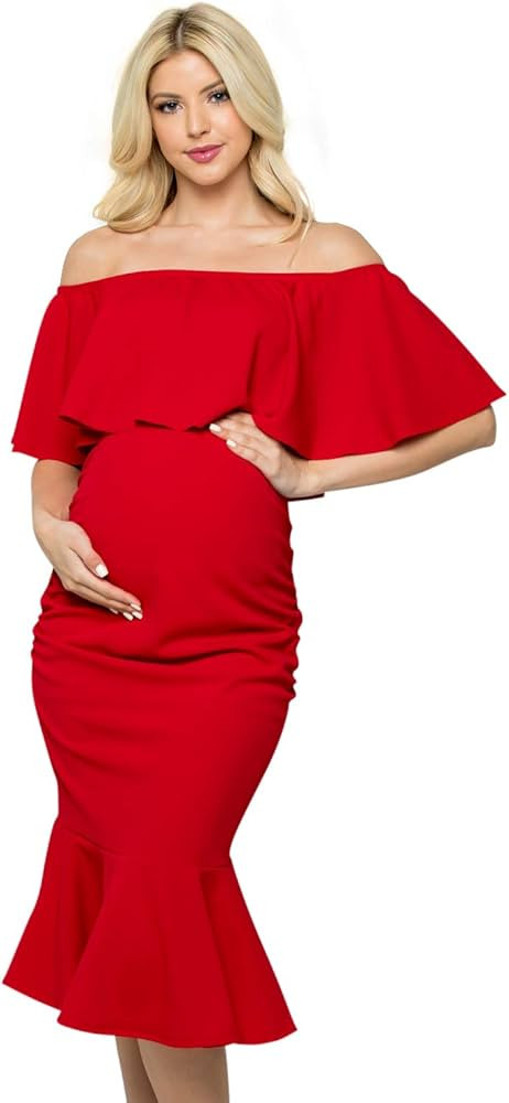 My Bump Womens Mermaid Maternity Dress - Ruched Ruffle Off Shoulder Mermaid Baby Shower Pregnancy... | Amazon (US)