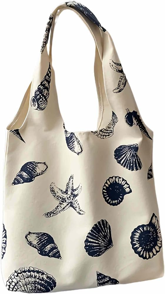 Beach Inspired Canvas Tote Bag For Women, Nautical Seashell And Starfish Print, Casual Shoulder B... | Amazon (US)