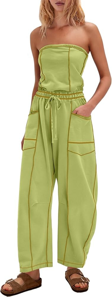 Womens Strapless Jumpsuits Off the Shoulder Tube Top barrel Overalls Loose Fit Romper with Pocket... | Amazon (US)