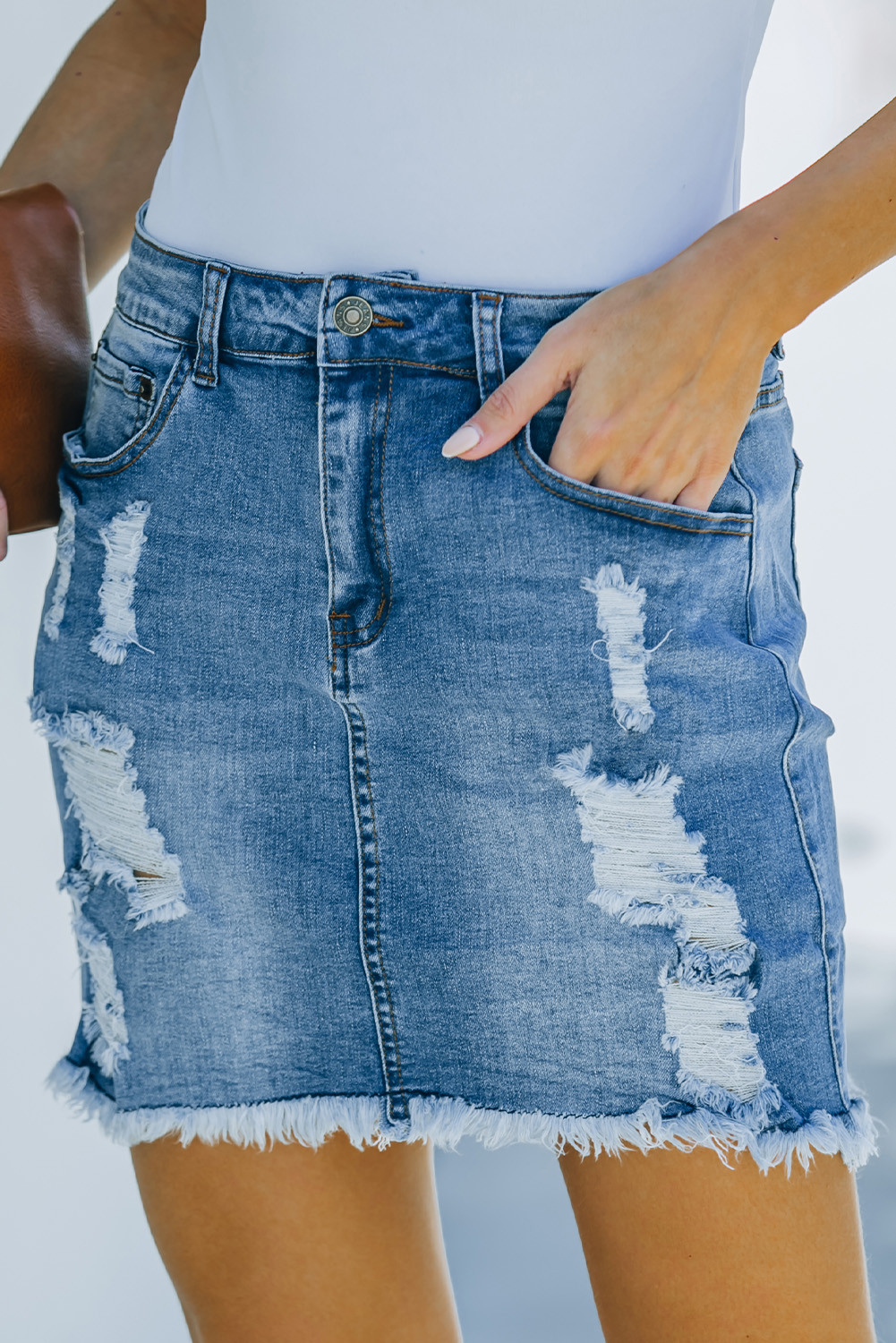 Blue Distressed Raw Hem Light Wash Denim Skirt | Shewin