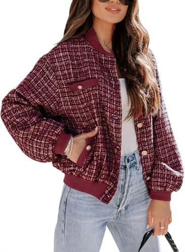 EVALESS Fashion Jacket for Women 2024 Fall Winter Trendy Button Short Shacket Long Sleeve Plaid C... | Amazon (US)