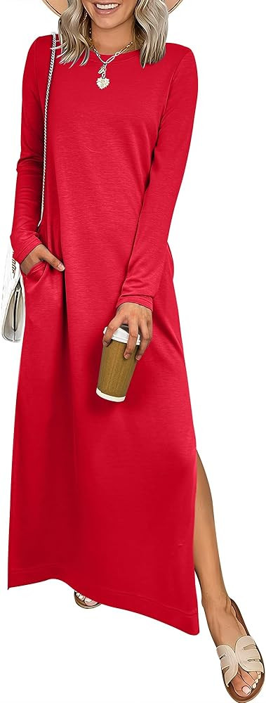 ANRABESS Women Long Sleeve Dresses 2025 Fall Casual Crewneck Loose Fit Split Flowy Wrinkle-Free T... | Amazon (US)