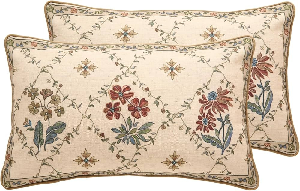 patdrea Designer Throw Pillow Covers Set of 2,Rectangle Vintage Light Brown Linen with Floral Pat... | Amazon (US)