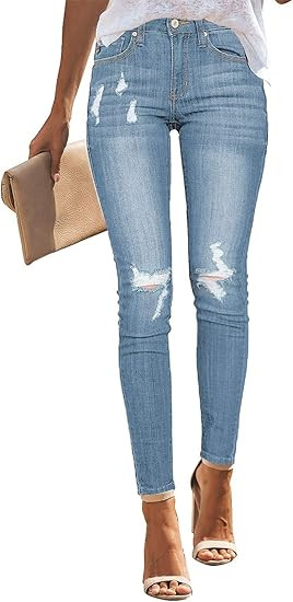 Vetinee Women's High Rise Skinny Jeans Ripped Slim Fit Stretch Denim Pants | Amazon (US)