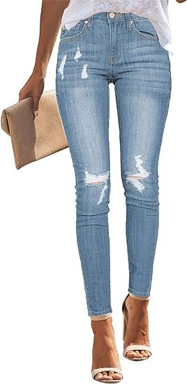 Vetinee Women's High Rise Skinny Jeans Ripped Slim Fit Stretch Denim Pants | Amazon (US)