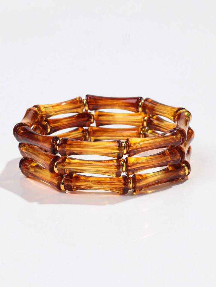 1set/3pcs Bohemian Amber Colored Acrylic & Marble Pattern Green Bamboo Beaded Bracelets Suitable ... | SHEIN