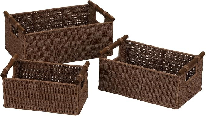 Household Essentials Decorative Woven Baskets Set of 3, Paper Rope with Wood Handles and Metal Fr... | Amazon (US)