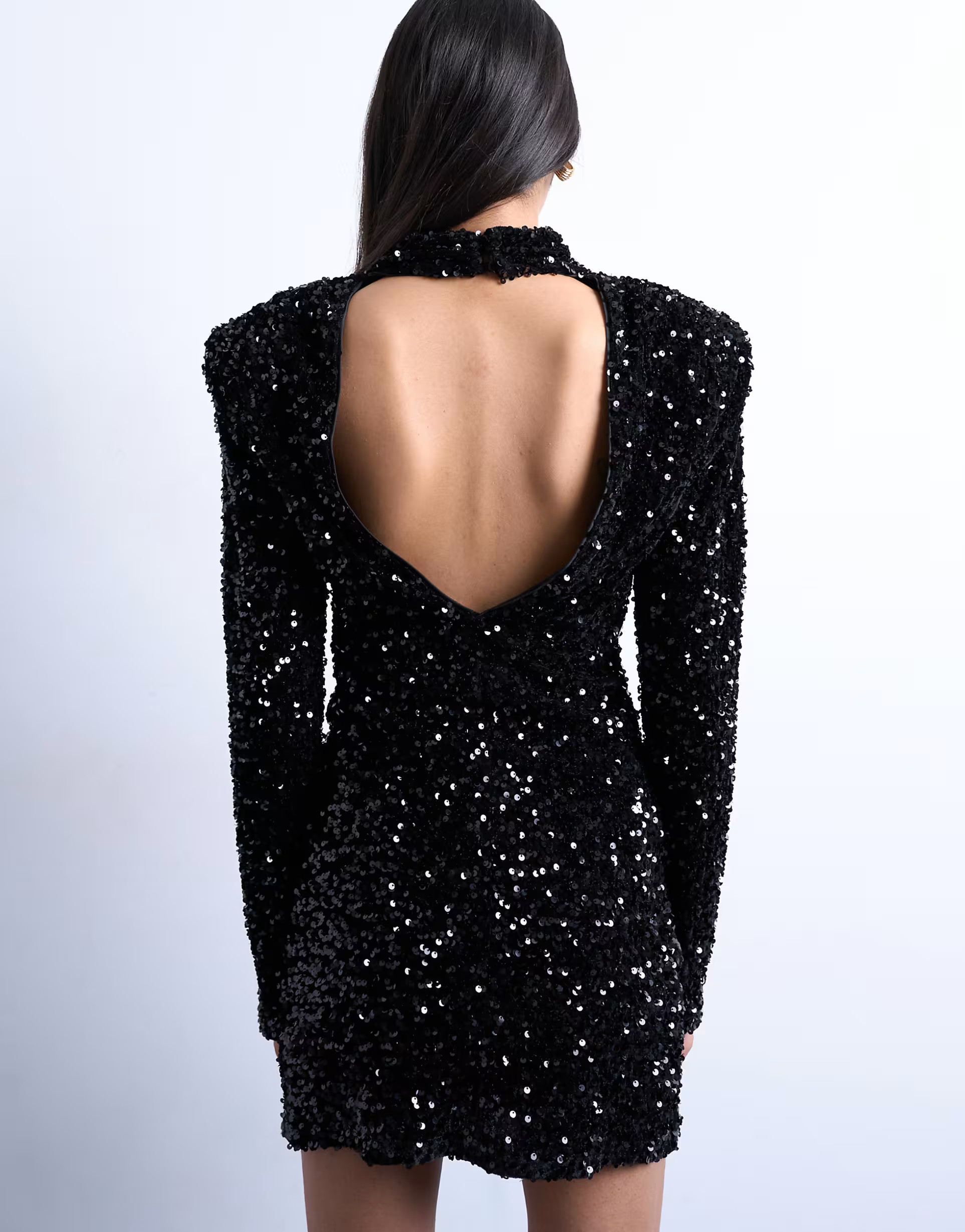 Topshop long sleeve velvet sequin mini dress with shoulder pads in black | ASOS (Global)