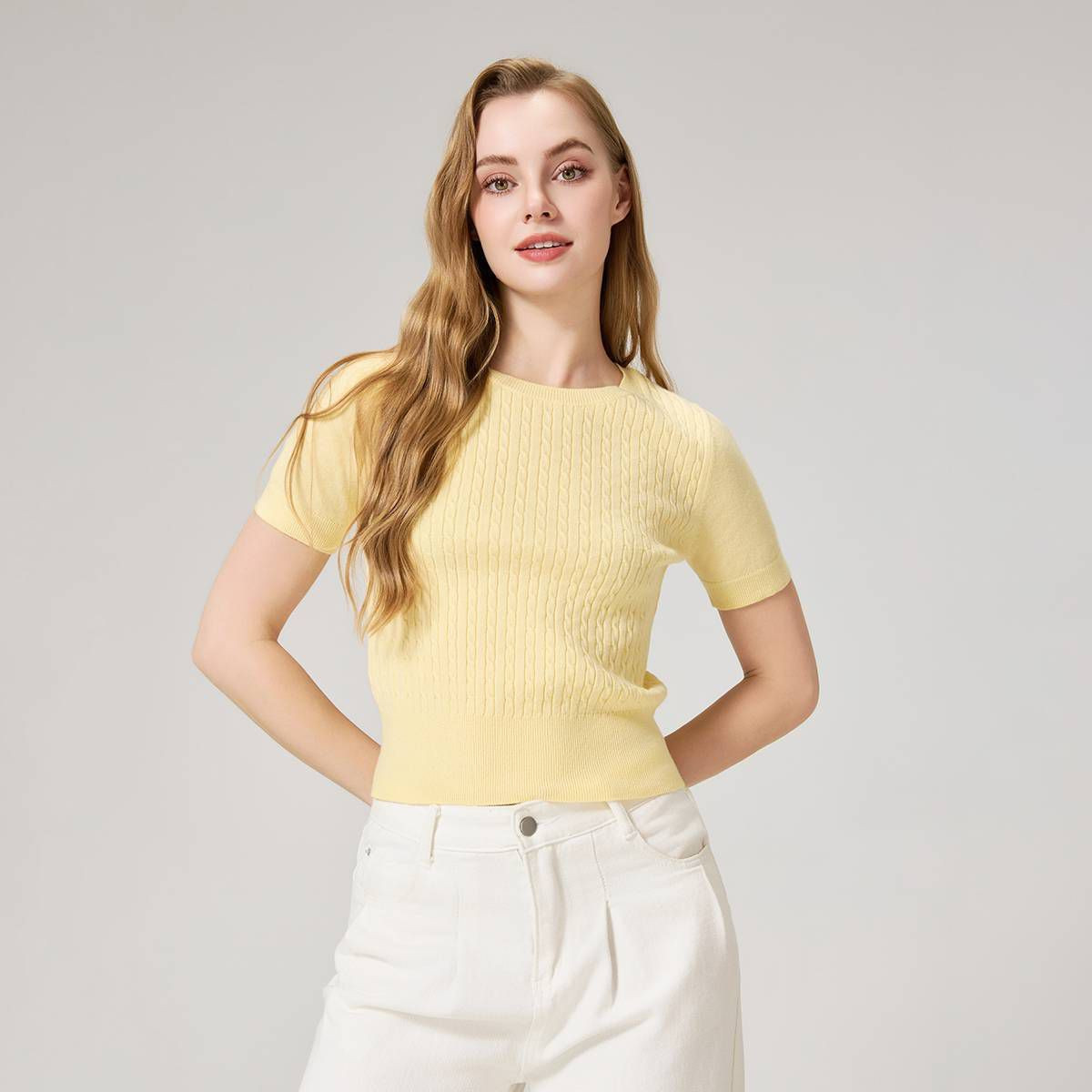 Women's Short Sleeve Cable Crewneck Sweater - A New Day™ Yellow S | Target