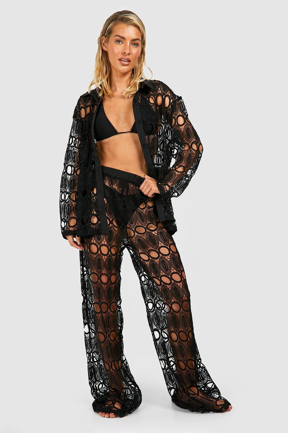 Womens Premium Open Lace Crochet Beach Pants - Black - M | Boohoo.com (US & CA)