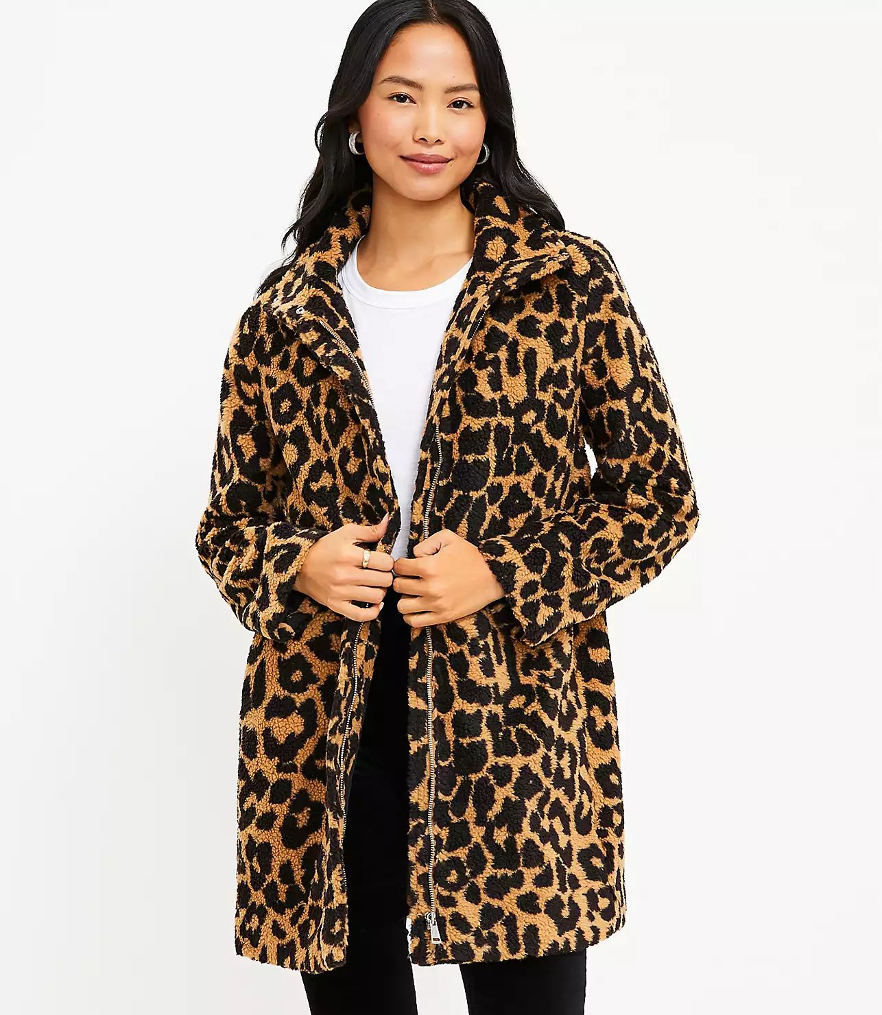 Leopard Print Sherpa Funnel Neck Coat | LOFT