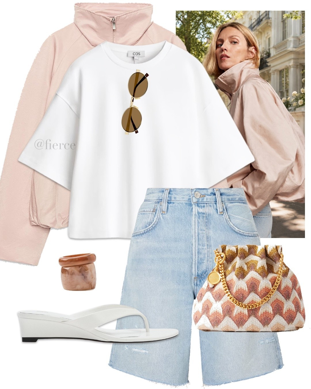 Pink jacket blue denim shorts slim wedge sandals

#LTKuk #LTKsummer #LTKeurope