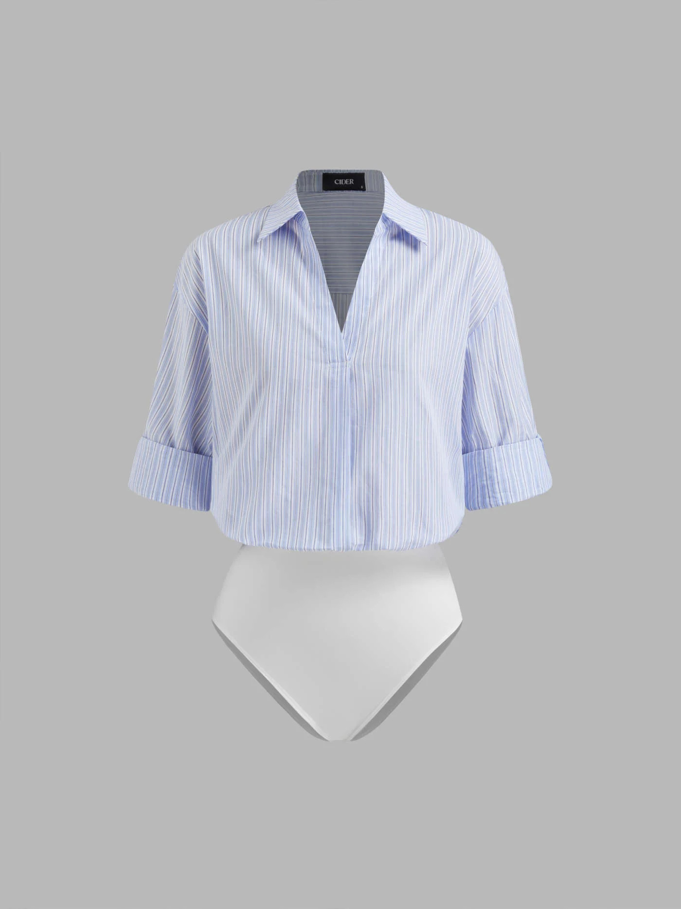 Cotton-blend Collar Roll-up Sleeve Shirt Bodysuit | Cider
