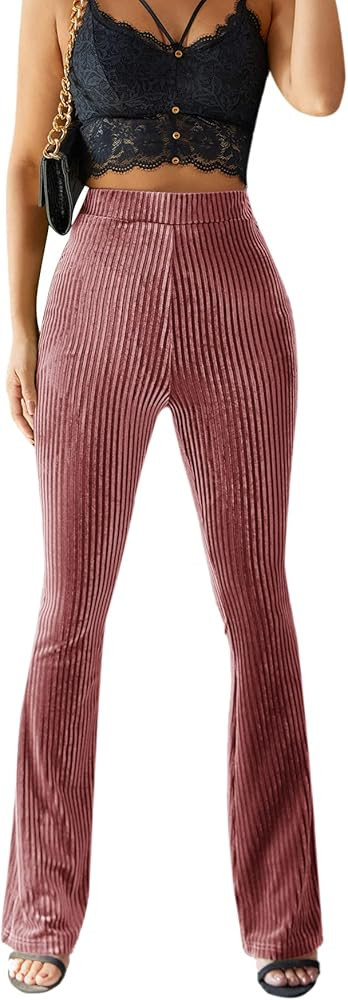 Floerns Women's Velvet Elastic Waist Flare Leg Palazzo Long Pants Trousers | Amazon (US)