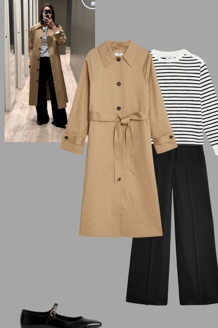 A timeless, classic spring look at M&S. striped sweatshirt, camel trench coat, wide leg comfy trousers and Mary Janes.