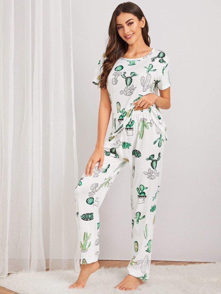 Cactus Print Pajama Set With Eye Cover | SHEIN
