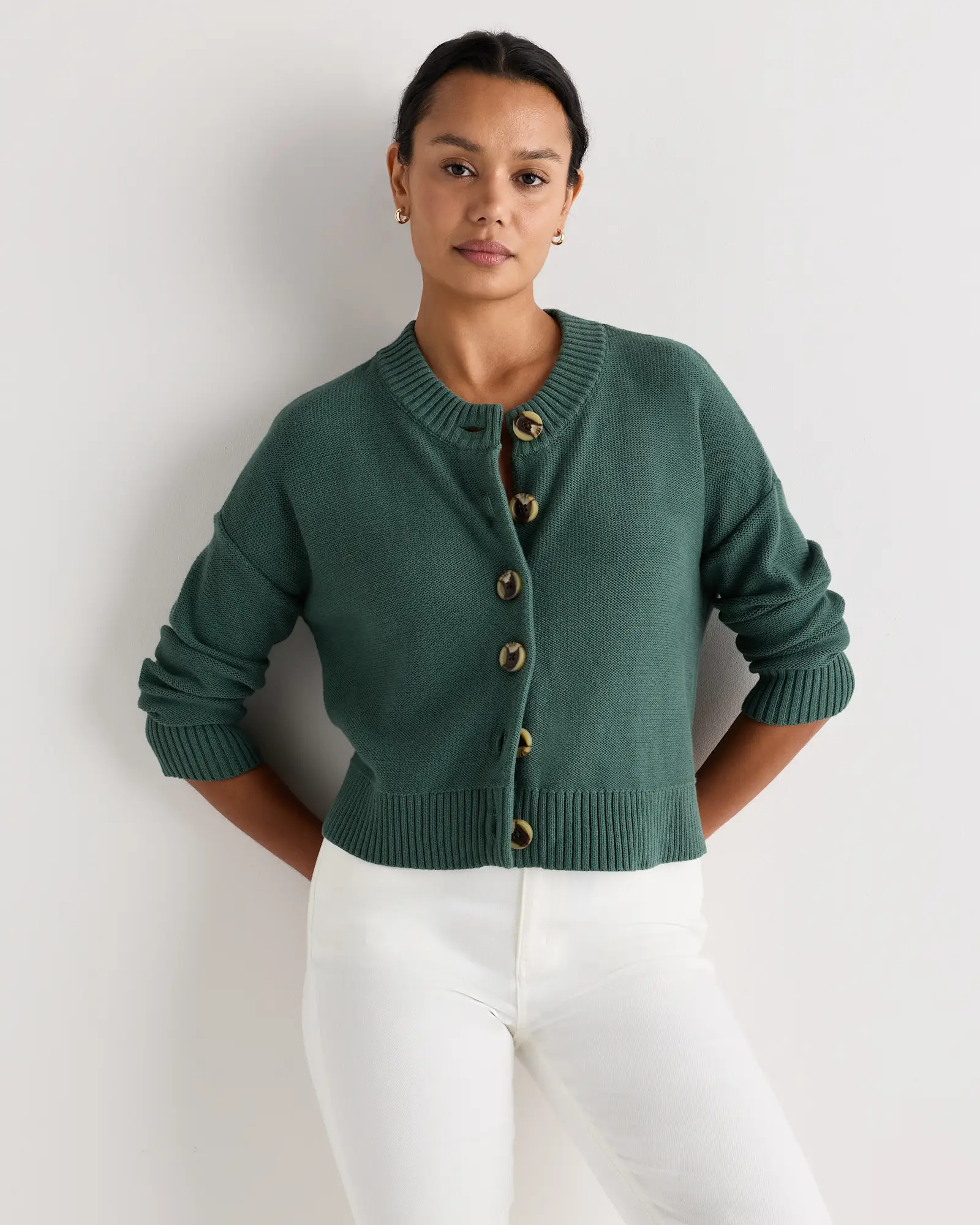 100% Organic Cotton Cropped Cardigan in Big Sur Green | Quince