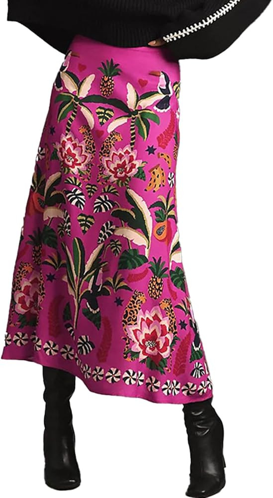 Womens Midi Skirt Tropical Floral Print Plant Fun Elastic Waist Spring Summer Flowy A Line Long S... | Amazon (US)