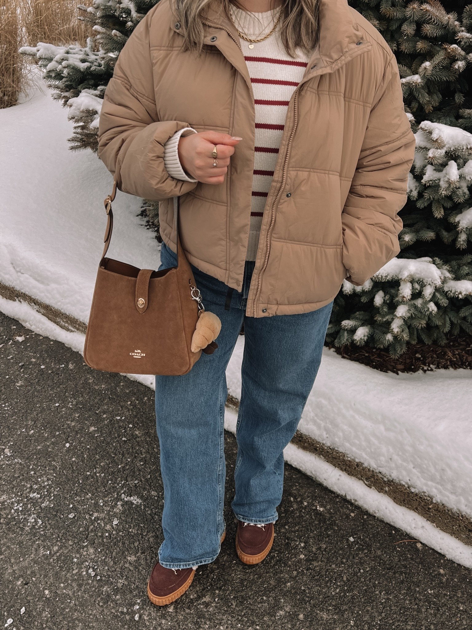 Winter ootd! Wearing my usual size L in the tan puffer jacket and striped sweater. These Abercrombie jeans are my all time fave! Wearing 32 for a looser fit. My Sorel snow boots are waterproof and so cozy, consider sizing up if you plan to wear thick socks. Canadian puffer jacket link under “similar products"


#LTKmidsize #LTKjeans #LTKwinter