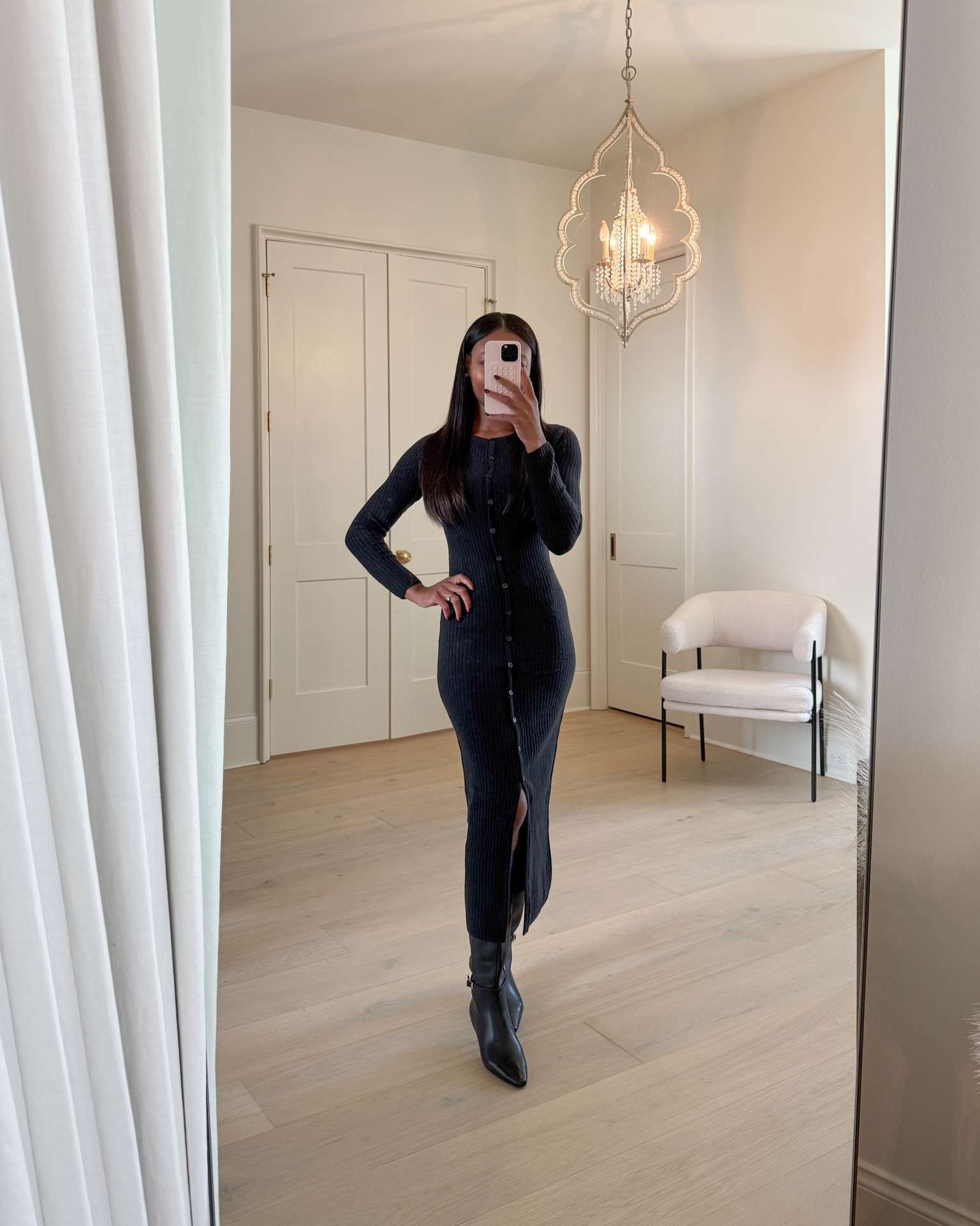 Black long-sleeve sweater dress! Wearing an XS!  

#LTKHoliday #LTKShoeCrush #LTKCyberWeek