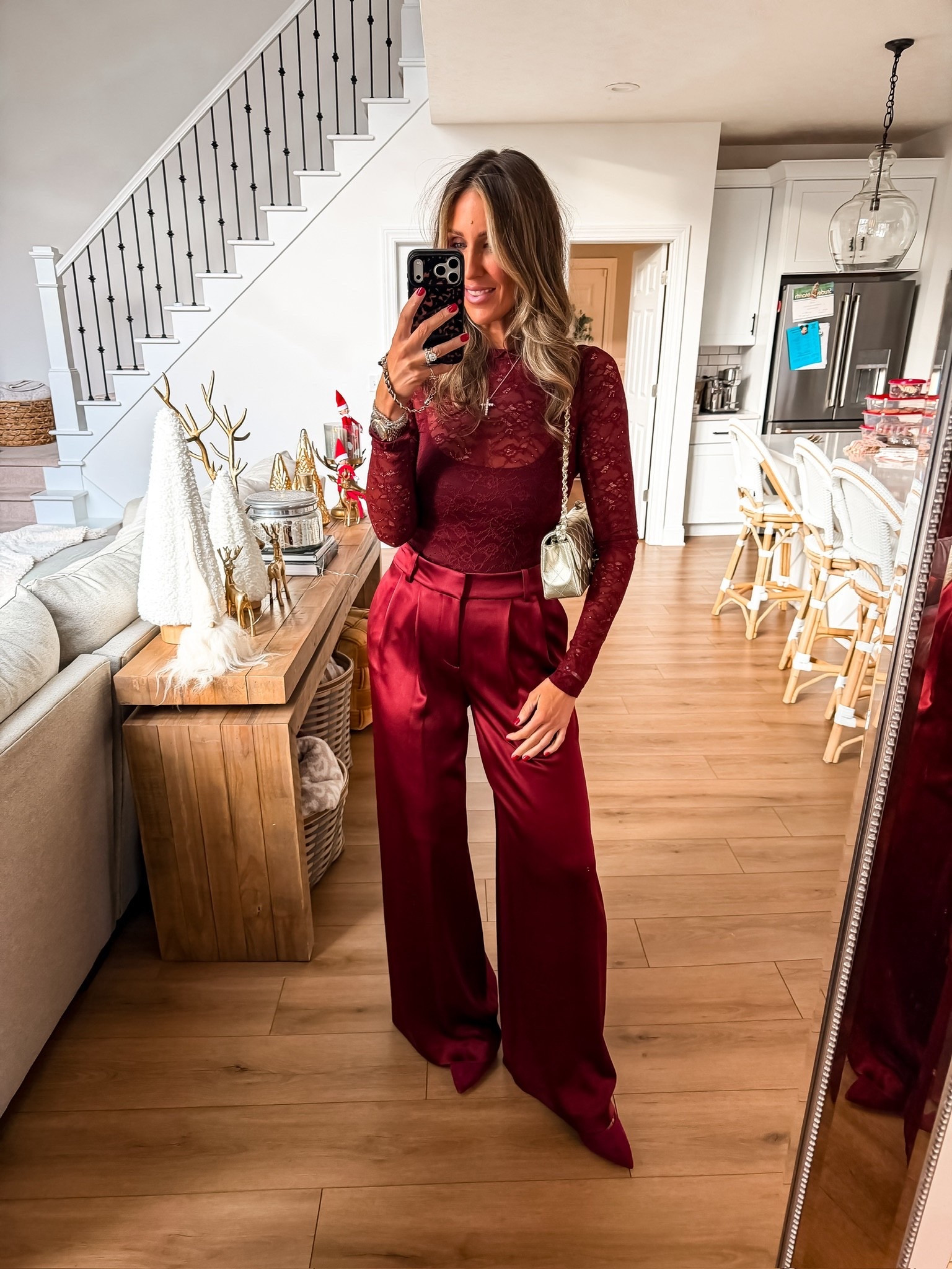 Satin pants, lace bodysuit, clutch, metallic bag, shoulder bag, date night outfit, themominstyle

#LTKSeasonal #LTKootd #LTKFindsUnder100