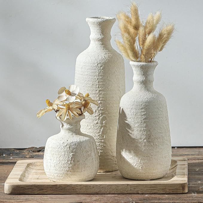 Ceramic Vase Set of 3, Neutral Rustic Vases Home Decor Farmhouse Decorative Vase Whitewashed Pott... | Amazon (US)
