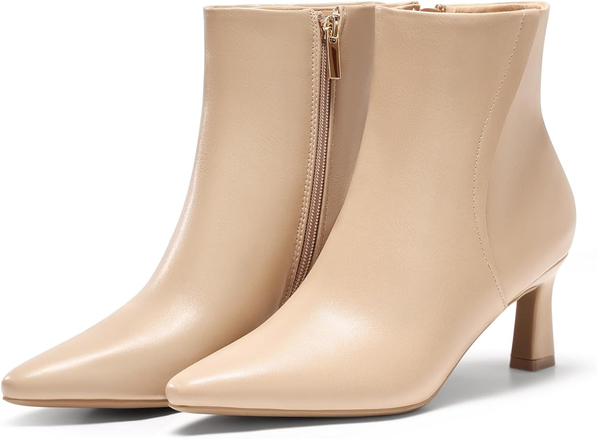 Coutgo Womens Ankle Boots Kitten Low Heel Closed Pointed Booties Side Zipper Winter Dress Shoes | Amazon (US)