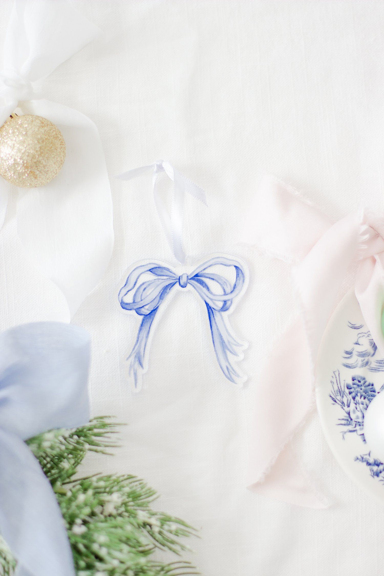 Blue and White Grandmillennial Bow Watercolor Ornament — Simply Jessica Marie | Simply Jessica Marie