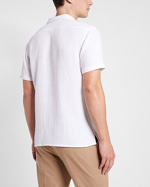 Slim Solid Crinkle Cotton Short Sleeve Shirt | Express