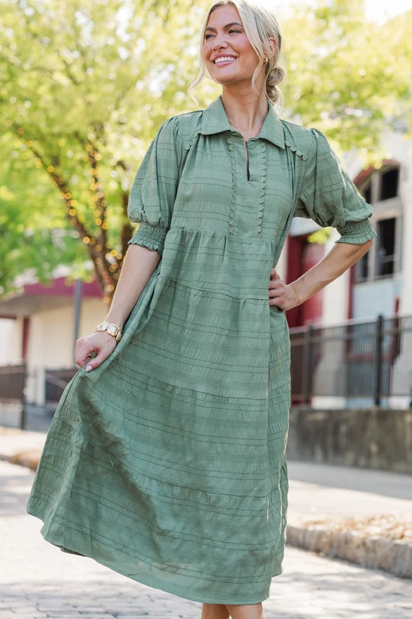 Autumn Muse Olive Textured Midi Dress | The Mint Julep Boutique