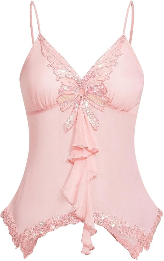 GORGLITTER Women's Y2k Babydoll Tops Sequin Butterfly Lace Sheer Mesh Cute Coquette Asymmetrical ... | Amazon (US)