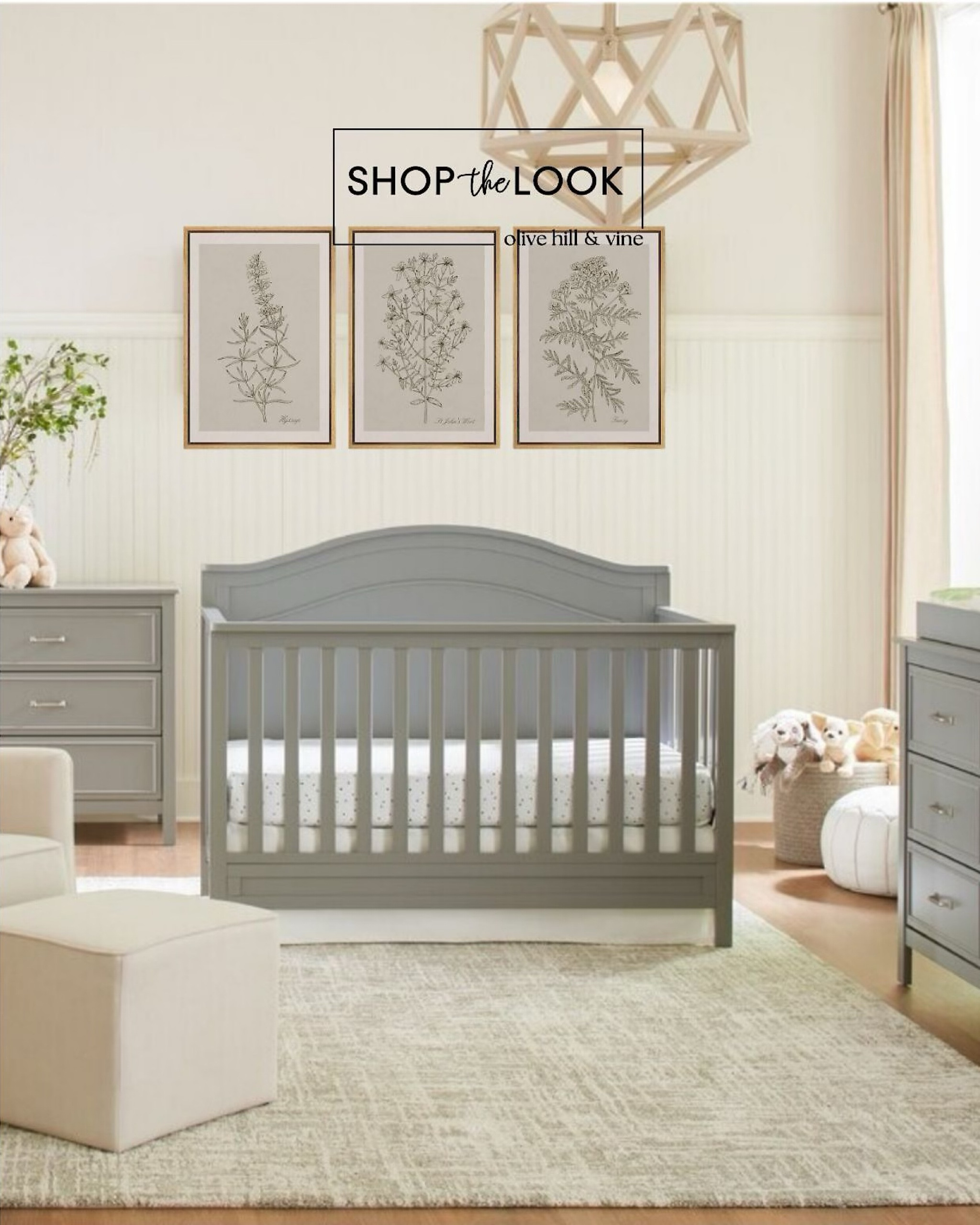 A timeless nursery styled with a gray convertible crib and matching 6-drawer dresser, both featuring classic molding. Soft textures and organic shapes come together with a boucle armchair, abstract rug, a trio of minimalist floral prints, and a wooden polyhedron chandelier. 

#LTKBump #LTKHome #LTKBaby
