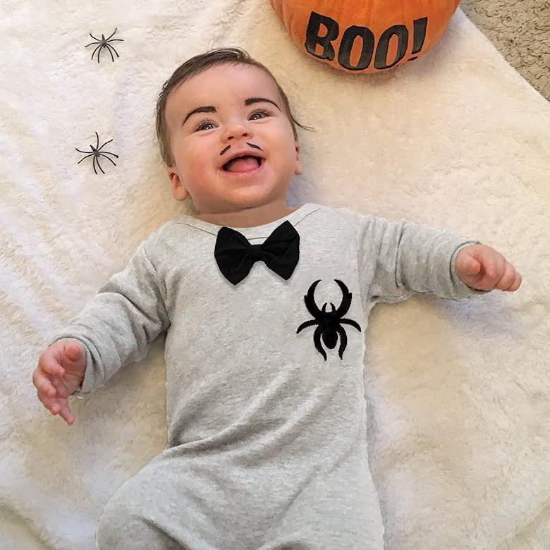 Newborn Baby Boy Halloween Outfit Long Sleeve Romper Spider Pattern Jumpsuit with Bowtie | Amazon (US)