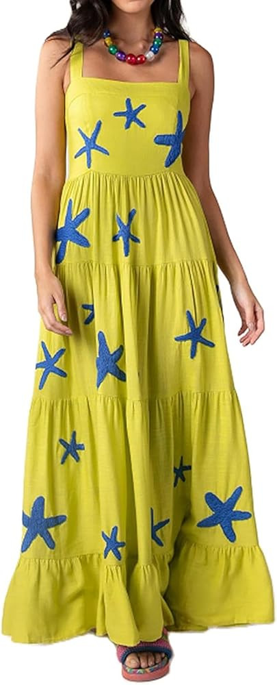 Women Embroidered Maxi Dress Sleeveless Smocked Flowy Sundress Boho Summer Long Dresses Beach Voc... | Amazon (US)