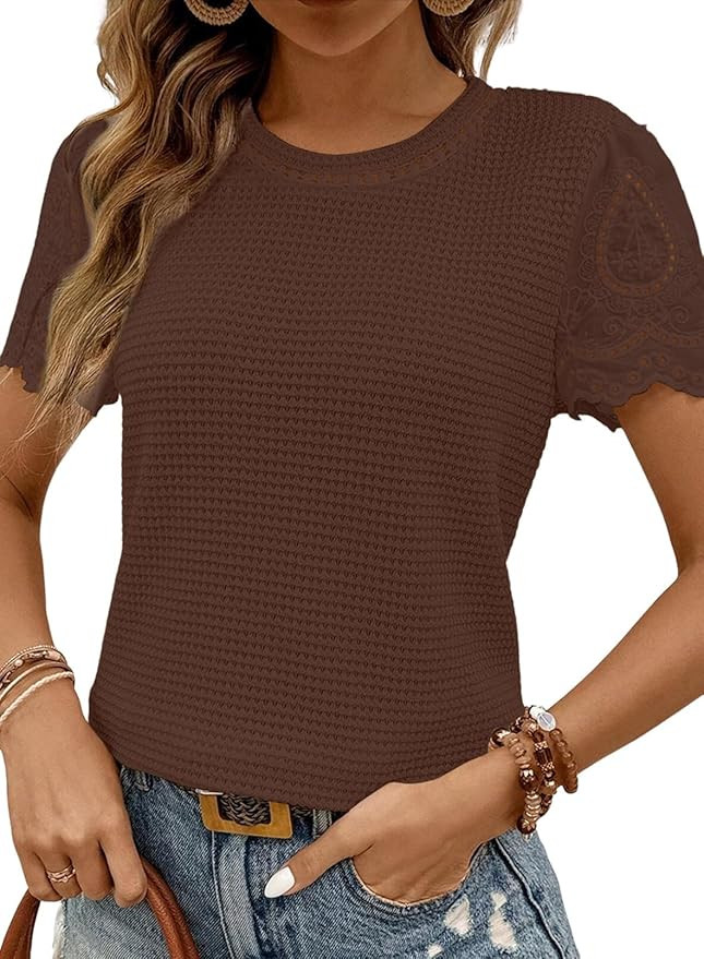 SHEWIN Womens Frenchy Summer Tops Crewneck Short Sleeve T Shirts Casual Waffle Knit Jacquard Blou... | Amazon (US)