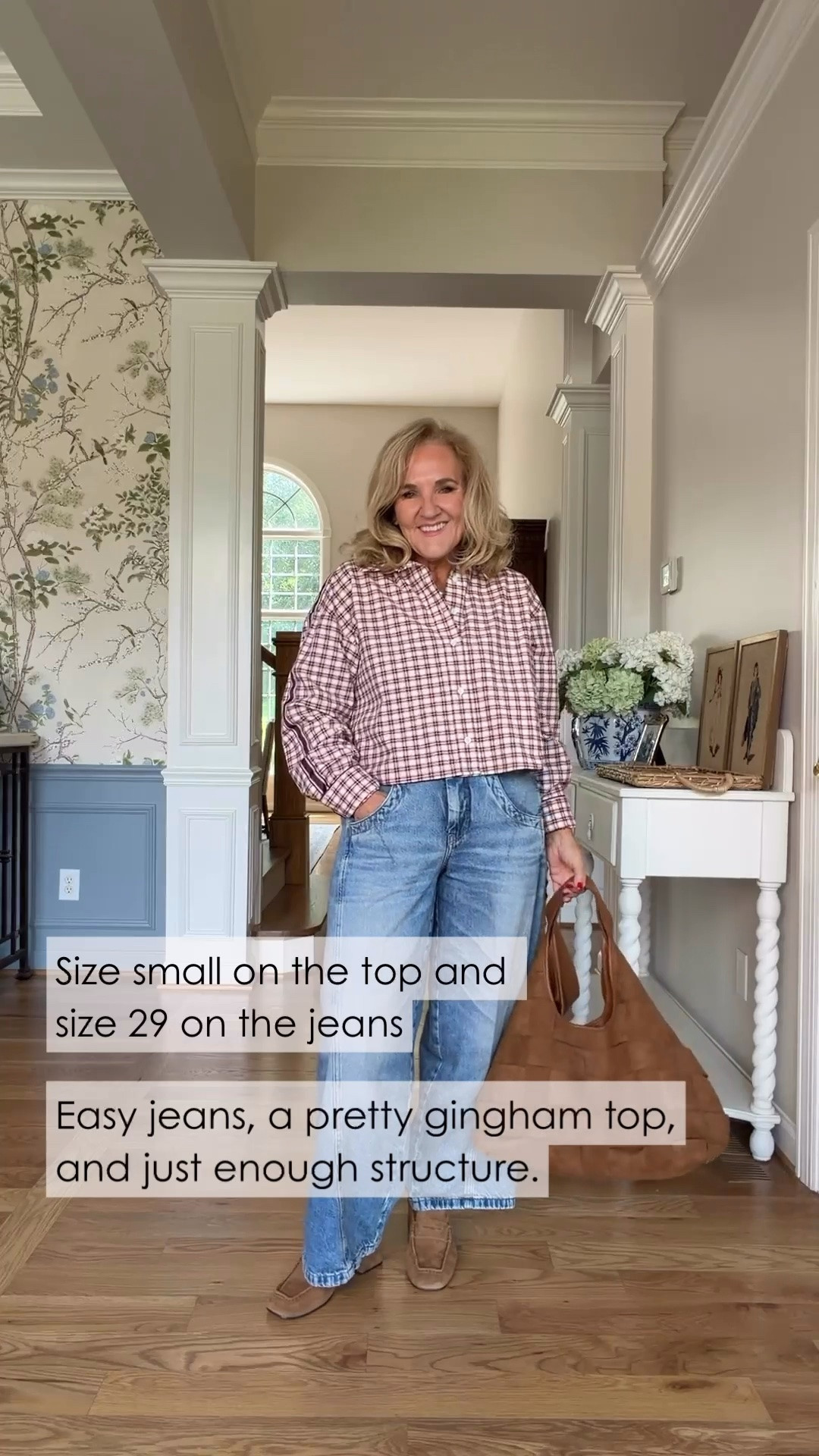 This gingham button-front top is such an easy match for wide-leg denim. The relaxed fit and classic print feel timeless, while the rich brown accessories add a polished finish for everyday style.

💡 LTK MADE EASY
❤️ Heart = Support my posts!
🔖 Save = Get sale & restock alerts
📋 Lists = Keep favorites organized
📲 Share = Send lists and products to a friend. Hello, Christmas List!
💬 Comment = Ask me anything about what I'm wearing.:-)

#LTKootd #LTKWorkwear #LTKOver40